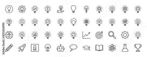 Innovation and education line icon set. Vector pictograms of lightbulbs, gear, brain, chart, rocket, and graduation cap, thin outline illustration.