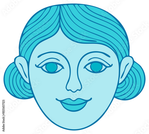 Stylized portrait of a serene woman with blue hair and a classic bun hairstyle