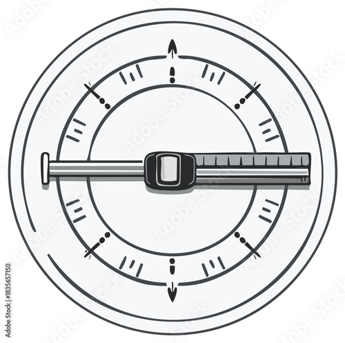 Vintage inspired monochrome line art circular gauge with needle indicator and numeric scale