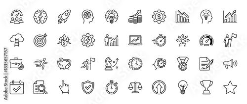 Business line icon set. Vector pictograms of team performance, strategy, finance, and success, thin outline illustration.