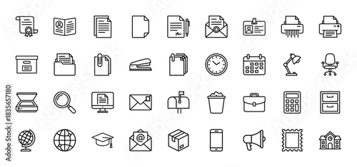 Business and office line icon set. Vector pictograms of documents, folders, calendar, globe, and stationery, thin outline illustration.
