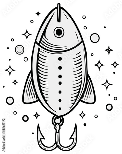 Rocket Ship Fishing Lure with Treble Hook Black and White Vector Illustration