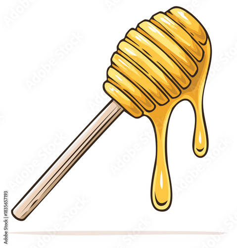 Dripping honey on a wooden honey dipper utensil with grooves, isolated illustration