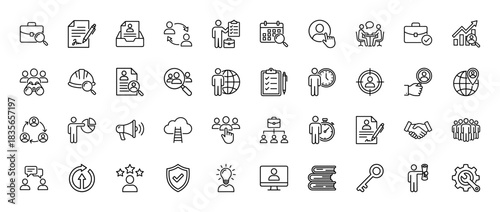 Human resources and business management line icon set. Vector pictograms of job search, contract, development, recruitment, and teamwork, thin outline illustration.