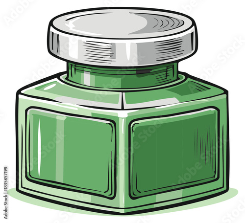 Vintage Green Glass Inkwell with Metallic Cap and Textured Surface