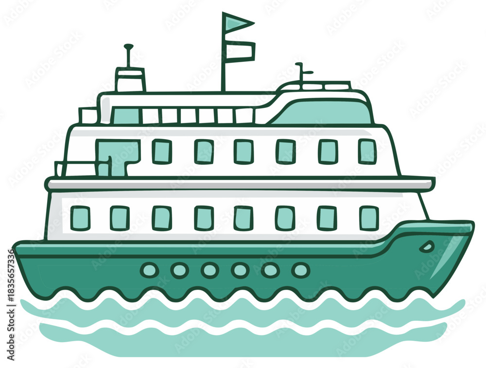 Obraz premium Cartoon illustration of a ferry boat sailing across the water with flag and windows.