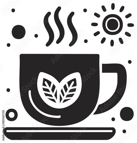 Stylized Hot Tea Cup with Herbal Leaves and Steam Symbolizing Relaxation and Wellness in a Sunny Environment
