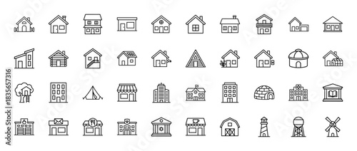 Architecture and real estate line icon set. Vector pictograms of houses, apartments, urban buildings, and specialized structures, thin outline illustration.