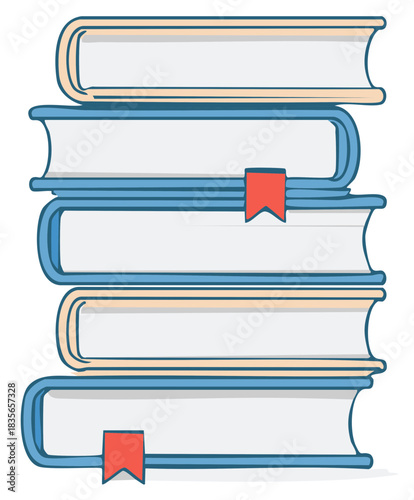 Stacked books illustration featuring bookmarks for studying and library concepts