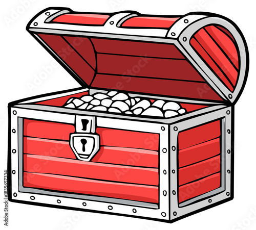 Red Treasure Chest Illustration Filled with Coins Opened Revealing Hidden Wealth