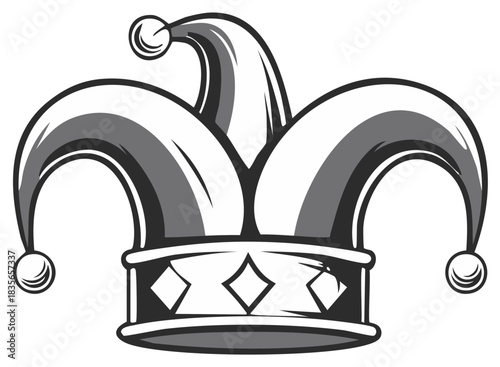 Grayscale illustration of a medieval jester hat with bells and diamonds