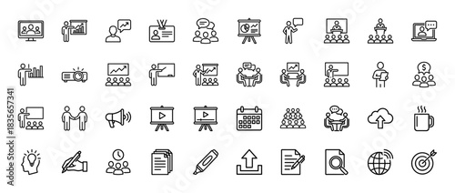 Business and presentation line icon set. Vector pictograms of teamwork, communication, meeting, calendar, and analytics, thin outline illustration.