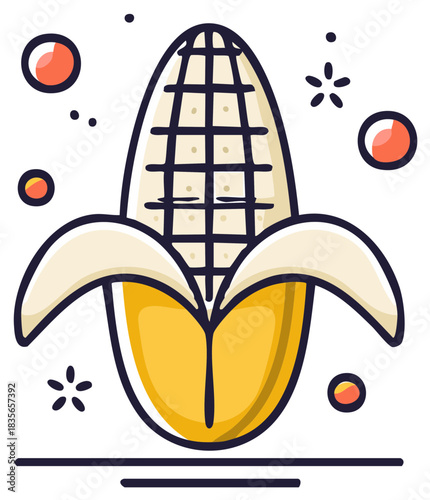 Whimsical Corn Vector Illustration: Fresh Yellow Food Element with Cartoon Aesthetic