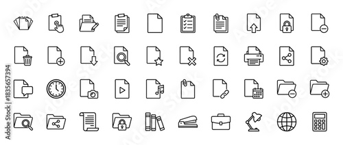 Document and office line icon set. Vector pictograms of folder, paper, briefcase, and calculator, thin outline illustration.