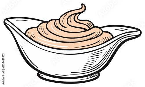 Vintage style vector illustration of a gravy boat filled with creamy swirled sauce or dressing