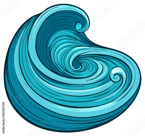 Cartoon illustration of a swirling ocean wave with stylized curves and shades of blue