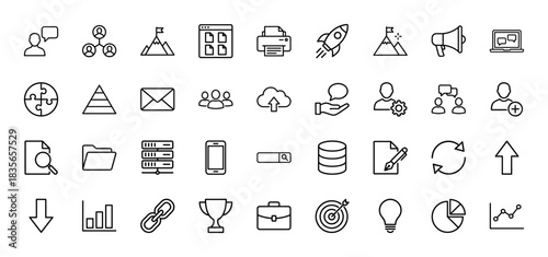 Business and strategy line icon set. Vector pictograms of teamwork, document, charts, target, and server, thin outline illustration.