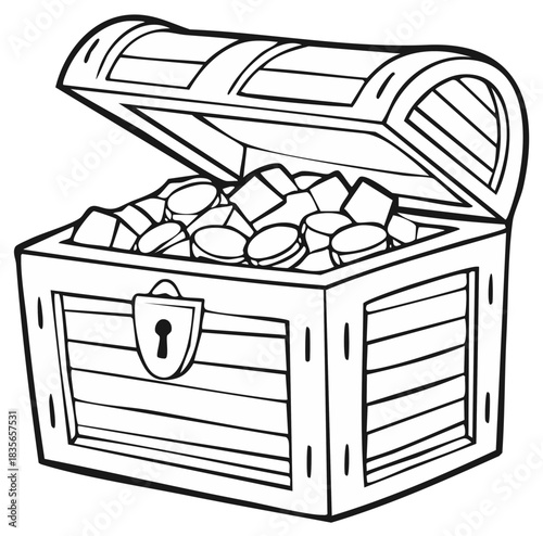 Open wooden treasure chest filled with gold coins and precious gems line art illustration