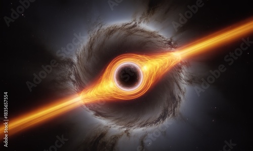 Supermassive black hole with glowing orange accretion disk and powerful twin jets