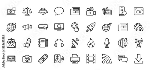 Communication and media line icon set. Vector pictograms of satellite dish, microphone, newspaper, and camera, thin outline illustration.
