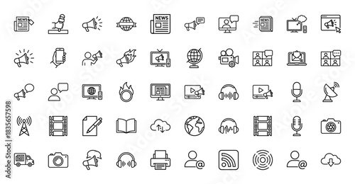 Communication and media line icon set. Vector pictograms of microphone, newspaper, television, broadcasting, and megaphone, thin outline illustration.
