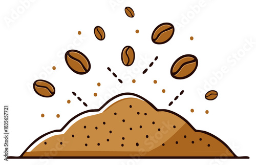 Coffee Bean Shower Over Freshly Ground Coffee Cartoon Illustration Simple Design
