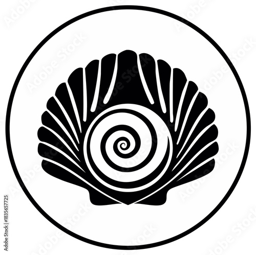 Graphic Seashell Icon Spiraling Center Smooth Black and White Illustration