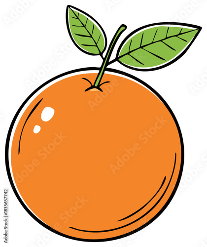 Cartoon Style Orange Fruit with Leaves, Vector Illustration, Food Graphic
