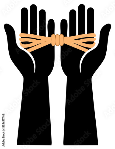 Black hands tied with a rope representing imprisonment or restraint concept.