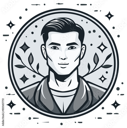 Stylish man's portrait in a circle with leaves and stars for decorative artwork and creative designs