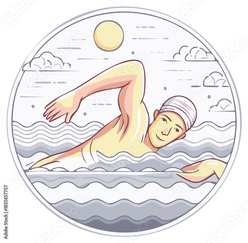 Person swimming freestyle stroke across wavy water under a bright sun and clouds