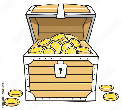 Open Treasure Chest Overflowing with Gold Coins Isolated Graphic Illustration, Financial Wealth Concept, Piracy, Treasure Hunt