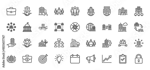 Business line icon set. Vector pictograms of briefcase, handshake, building, growth chart, and calendar, thin outline illustration.