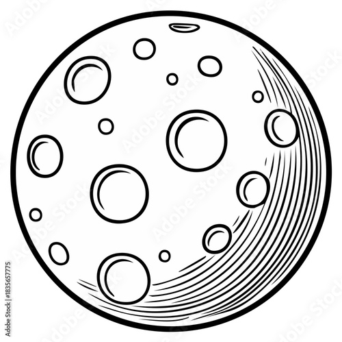 Black and white outline drawing of the Moon with multiple surface craters and shading