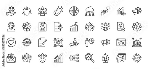 Business and management line icon set. Vector pictograms of settings, teamwork, growth chart, customer care, and strategy, thin outline illustration.