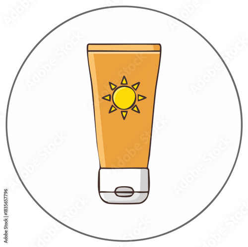 Illustrated tube of sunscreen lotion with sun graphic for summer vacation protection