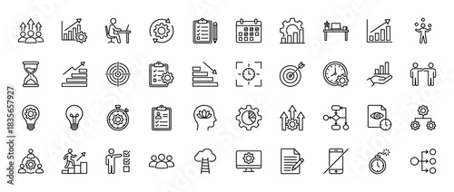 Business management and corporate strategy line icon set. Vector pictograms of project planning, goal setting, and workflow, thin outline illustration.