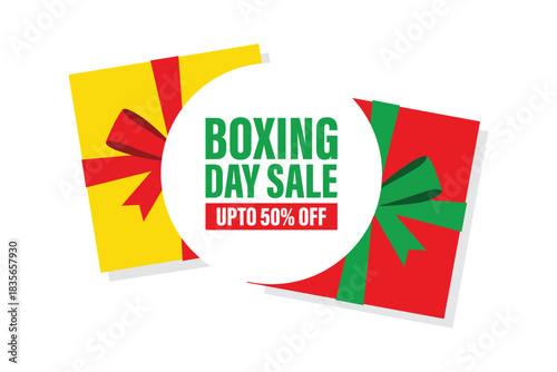 Boxing day sale promotion with up to fifty percent off discount text featuring two colorful gift box present icons vector illustration