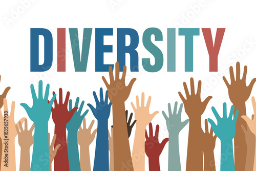 Illustration of many diverse hands raised up under the colorful word diversity vector illustration