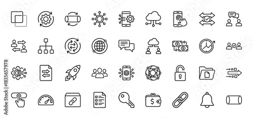 Technology and business line icon set. Vector pictograms of settings, cloud computing, finance, networking, and data exchange, thin outline illustration.