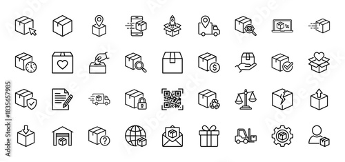 Logistics and delivery line icon set. Vector pictograms of shipping box, tracking, warehouse, and delivery truck, thin outline illustration.