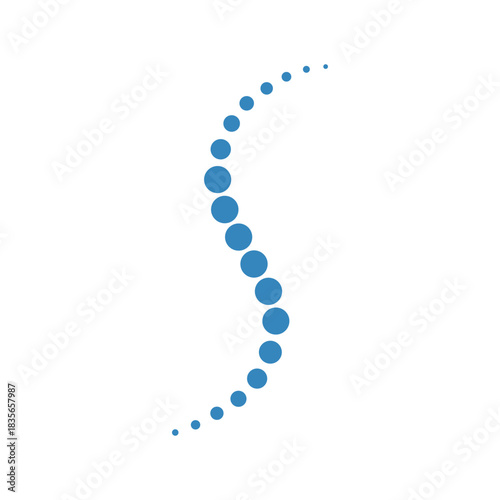 Abstract blue spine icon made of varying size dots forming an scurve shape, representing chiropractic, health, or medical concept, isolated on white background.