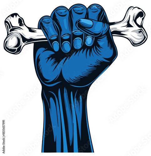 Powerful Blue Fist Gripping a Bone Symbolizing Power and Strength