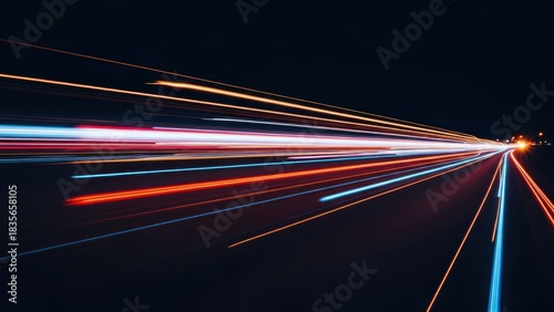 Vibrant red, orange, blue light trails streak from fast-moving cars on a dark highway