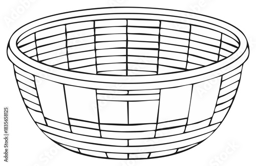 Empty woven wicker basket black and white line art illustration for coloring book page