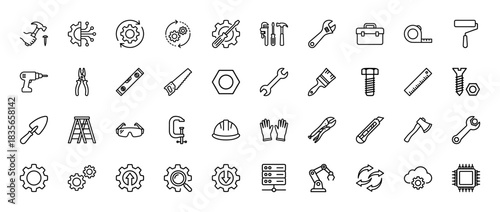 Engineering and construction line icon set. Vector pictograms of tools, hardware, and data settings, thin outline illustration.
