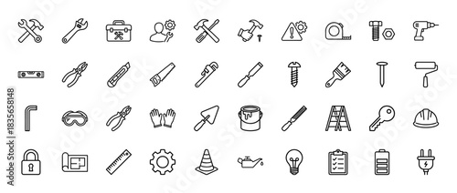 Construction and repair tools line icon set. vector pictograms of wrench, hammer, drill, screwdriver, and saw, thin outline illustration.