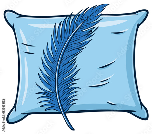 Blue pillow with a feather cartoon illustration