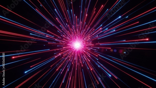 Vibrant red and blue light trails burst from a glowing pink core on a black background