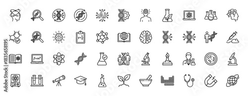 Science and research line icon set. Vector pictograms of dna, atom, microscope, flask, brain, and ai concepts, thin outline illustration.